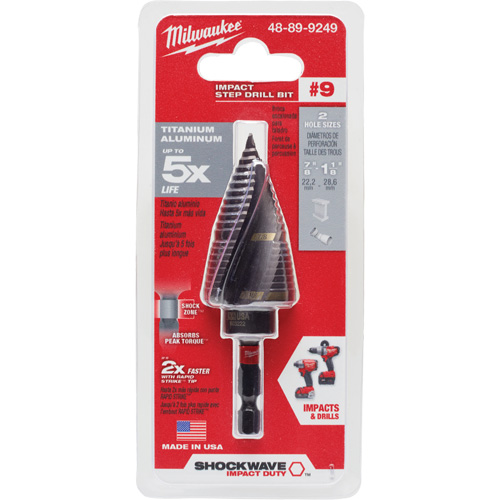 #9 Shockwave Impact Duty Step Drill Bit, 7/8" - 1-1/8" , 1/4" Increments, Titanium Distribution Jean Lapalme