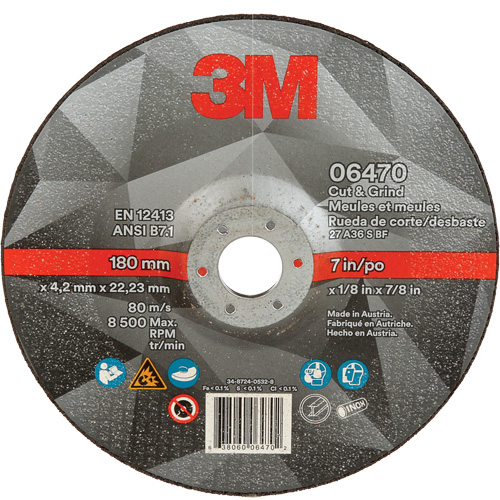 Cut & Grind Wheel, 7" x 1/8", 7/8" Arbor, Type 27, Ceramic Distribution Jean Lapalme