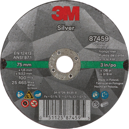 Meule &agrave; tronçonner Silver, 3" x 0,06", Arbre de 3/8"-24, Type 1, C&eacute;ramique, 25645 Tr/min Distribution Jean Lapalme