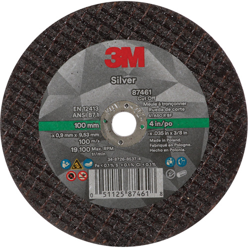 Silver Cut-Off Wheel, 4" x 0.04", 3/8"-24 Arbor, Type 1, Ceramic, 19100 RPM Distribution Jean Lapalme