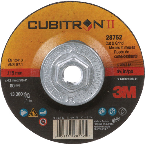 Disque de coupe et de meulage &agrave; changement rapide Cubitron II, 4-1/2" x 1/8", Arbre de 5/8"-11, Type 27, C&eacute;ramique Distribution Jean Lapalme