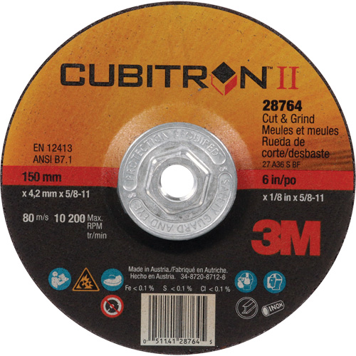 Disque de coupe et de meulage &agrave; changement rapide Cubitron II, 6" x 1/8", Arbre de 5/8"-11, Type 27, C&eacute;ramique Distribution Jean Lapalme