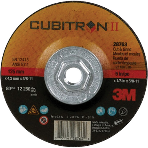 Disque de coupe et de meulage &agrave; changement rapide Cubitron II, 5" x 1/8", Arbre de 5/8"-11, Type 27, C&eacute;ramique Distribution Jean Lapalme