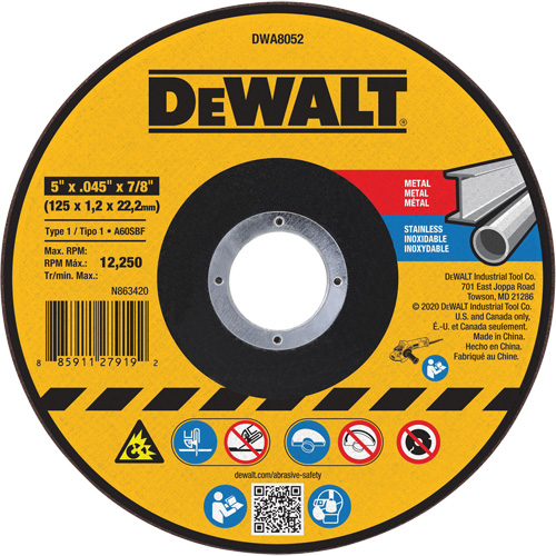 Metal Cut-Off Wheel, 5" x 0.045", 7/8" Arbor, Aluminum Oxide, Type 1 Distribution Jean Lapalme