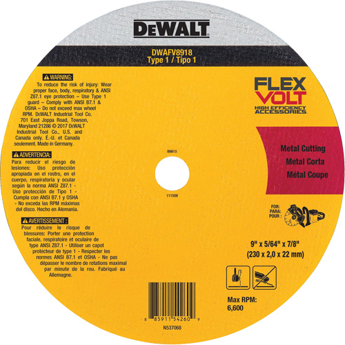 FlexVolt&reg; Metal Cut-Off Wheel, 9-1/16" x 0.078", 22.23 mm Arbor, Ceramic, Type 1 Distribution Jean Lapalme