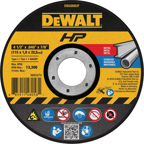 HP Metal Cut-Off Wheel, 4-1/2" x 0.04", 7/8" Arbor, Type 1, Aluminum Oxide, 13300 RPM Distribution Jean Lapalme