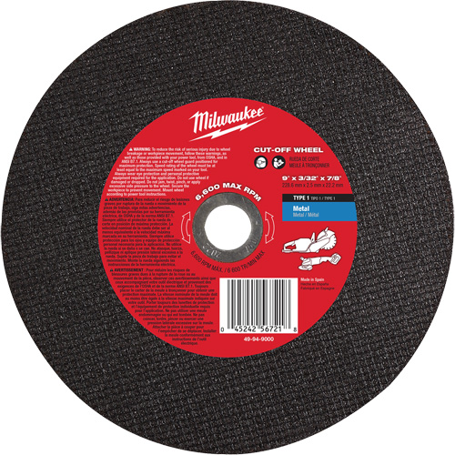 Cut-Off Wheel, 9" x 3/32", 7/8" Arbor, Type 1, 6600 RPM Distribution Jean Lapalme