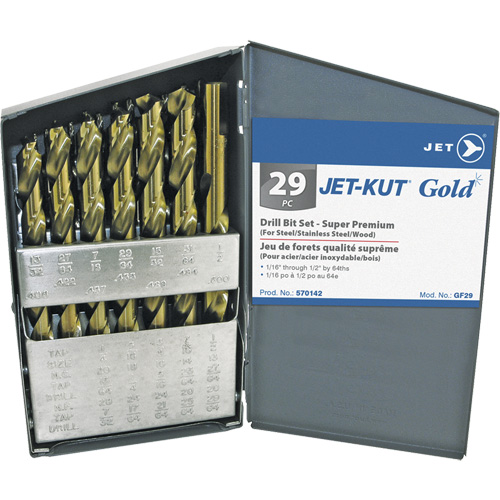 Jeu de forets de premi&egrave;re qualit&eacute; JET-KUT GOLD, 29 morceaux, Acier alli&eacute; Distribution Jean Lapalme