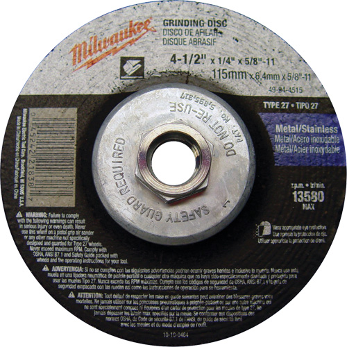 Grinding Wheel, 4-1/2" x 1/4", 5/8"-11 Arbor, Aluminum Oxide, Type 27 Distribution Jean Lapalme