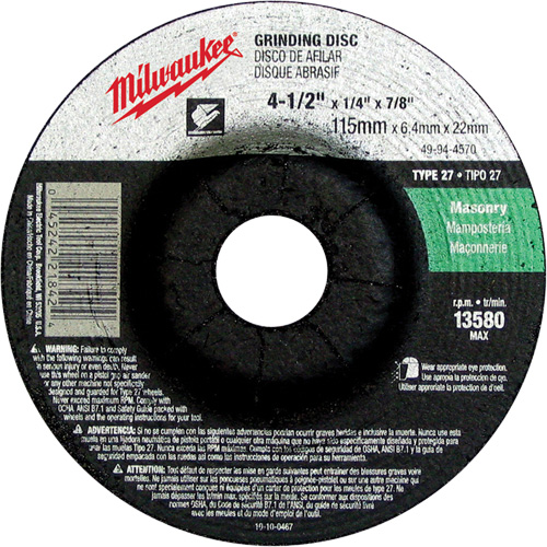 Grinding Wheel, 4-1/2" x 1/4", 7/8" Arbor, Silicon Carbide, Type 27 Distribution Jean Lapalme