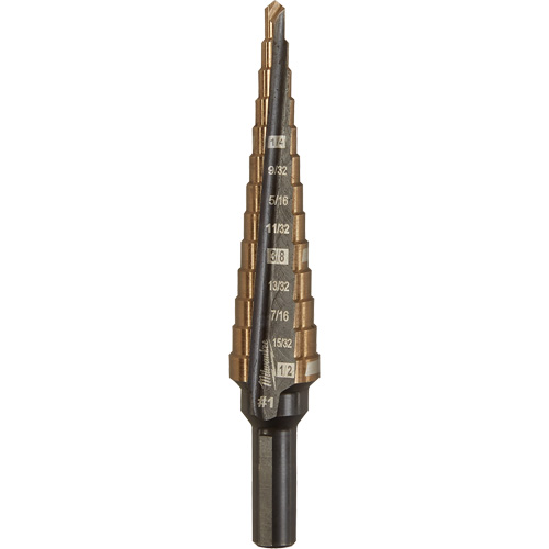 Step Drill Bit, 1/8"/#1 - 1/2"/#1 , 1/32" Increments, High Speed Cobalt Distribution Jean Lapalme