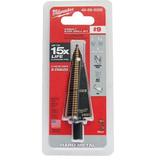 Step Drill Bit, 7/8"/#9 - 1-1/8"/#9 , 1/32" Increments, High Speed Cobalt Distribution Jean Lapalme