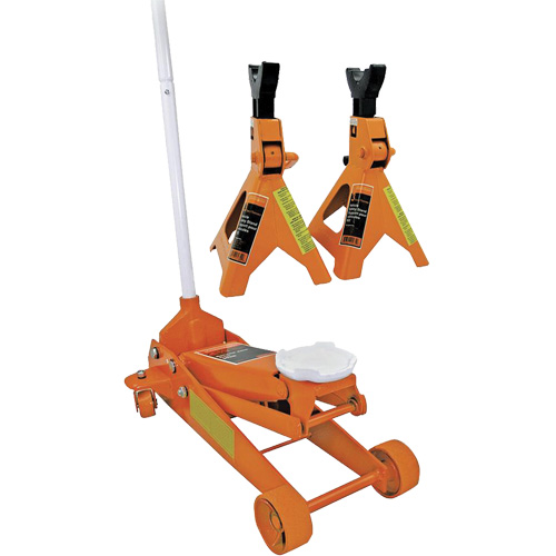 Cric datelier 3 tonnes avec paires de chandelles pour v&eacute;hicule de 3 tonnes, 2,5 tonne(s) Capacit&eacute;, 5" Abaiss&eacute;e, 19-1/4" &eacute;lev&eacute;e, Hydraulique &agrave; main Distribution Jean Lapalme