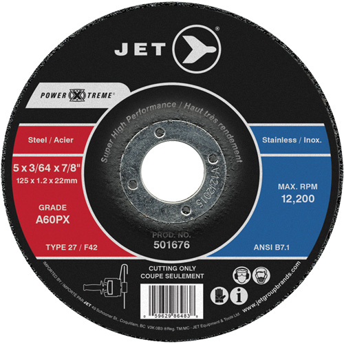 Meule &agrave; tronçonner Power-Xtreme A60PX, 5" x 3/64", Arbre de 7/8", Type 27, 12 200 Tr/min Distribution Jean Lapalme
