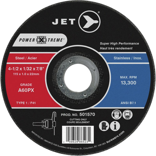 Meules &agrave; tronçonner Power Xtreme, 5" x 1/16", Arbre de 7/8", Type 1, 12 200 Tr/min Distribution Jean Lapalme