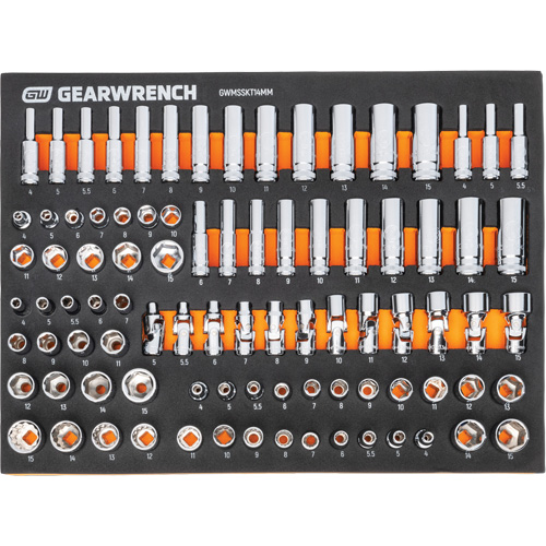 Jeu d'outils m&eacute;triques pour m&eacute;canicien MEGAMOD dans des plateaux en mousse modulaire avec armoire roulante &agrave; outils, 358 morcea Distribution Jean Lapalme