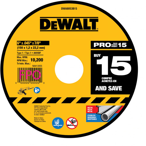 Metal Cutting Wheel, 6" x 0.045", 7/8" Arbor, Type 1, Aluminum Oxide Distribution Jean Lapalme