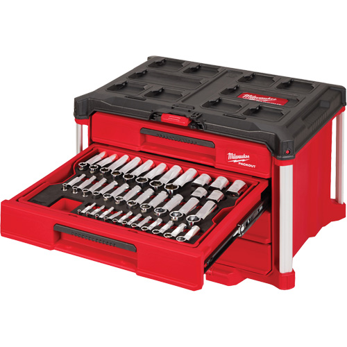 Ensemble de 242 pi&egrave;ces de douilles et cliquets m&eacute;triques et SAE 1/4", 3/8" et 1/2" avec boîte &agrave; outils PACKOUT &agrave; 4 tiroirs, 16-3/10" x 22-1/5" x 14-3/10", Noir/Rouge Distribution Jean Lapalme