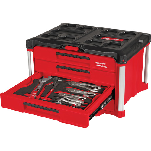 Ensemble de 64 outils &agrave; main avec boîte &agrave; outils PACKOUT &agrave; 4 tiroirs, 16-3/10" x 22-1/5" x 14-3/10", Noir/Rouge Distribution Jean Lapalme