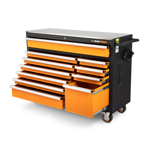 Armoire &agrave; outils roulante avec dessus de travail en acier inoxydable, 11 tiroirs, 52" la x 18" p x 36" h, Noir/Orange Distribution Jean Lapalme