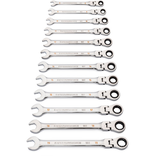 Jeu de cl&eacute;s &agrave; 12 pans et 90 dents, T&ecirc;te articul&eacute;e/Combinaison &agrave; cliquet, 12 morceaux, M&eacute;trique Distribution Jean Lapalme