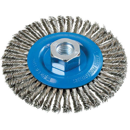 Stringer Bead Knotted Wire Brush, 4-1/2" Dia., 0.02" Fill, 5/8"-11 Arbor, Aluminum/Stainless Steel Distribution Jean Lapalme