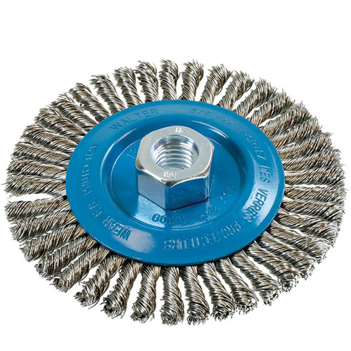 Brosse &agrave; fils &eacute;troits nou&eacute;s et torsad&eacute;s, Dia. 5", Fils 0,02", Arbre 5/8"-11, Aluminium/Acier inoxydable Distribution Jean Lapalme
