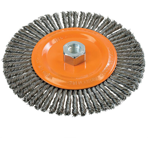 Brosse &agrave; fils nou&eacute;s pour cordons de soudure, Dia. 6-7/8'', Fils 0,02", Arbre 5/8"-11, Acier Distribution Jean Lapalme
