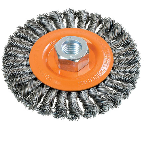 Wide Knotted Wire Wheel Brush, 4-1/2" Dia., 0.02" Fill, 5/8"-11 Arbor, Steel Distribution Jean Lapalme