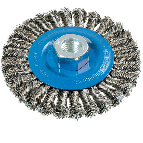 Wide Knotted Wire Wheel Brush, 4-1/2" Dia., 0.02" Fill, 5/8"-11 Arbor, Aluminum/Stainless Steel Distribution Jean Lapalme