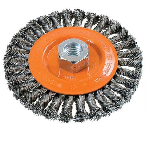 Wide Knotted Wire Wheel Brush, 5" Dia., 0.02" Fill, 5/8"-11 Arbor, Steel Distribution Jean Lapalme