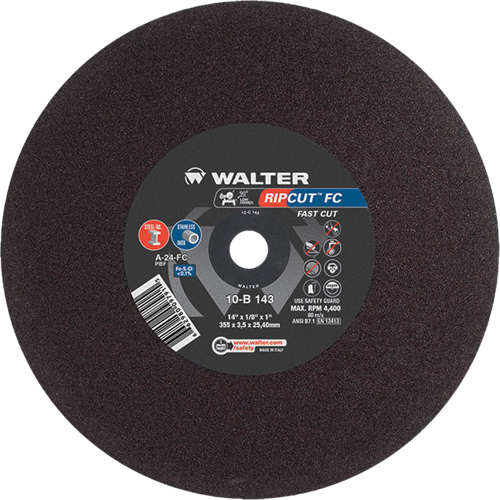 Ripcut Stainless Steel & Steel Cut-Off Wheel for Stationary Saws, 14" x 1/8", 1" Arbor, Type 1, Aluminum Oxide, 4400 RPM Distribution Jean Lapalme
