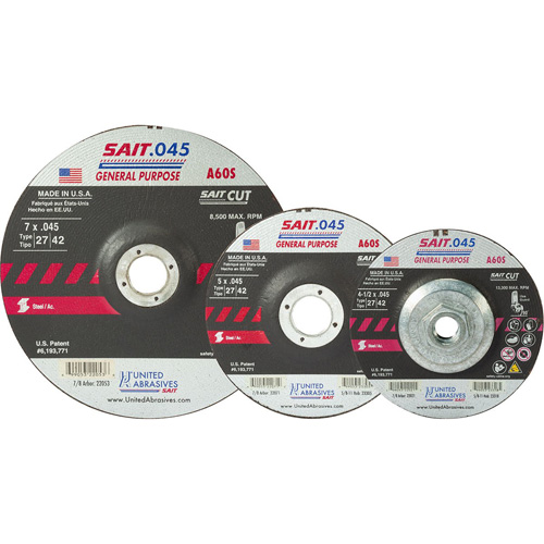 Sait Cutting Wheel, 5" x 0.045", 7/8" Arbor, Type 27, Aluminum Oxide, 12200 RPM Distribution Jean Lapalme