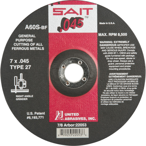 Depressed Center Cut-Off Wheel, 7" x 0.045", 7/8" Arbor, Type 27, Aluminum Oxide, 8500 RPM Distribution Jean Lapalme