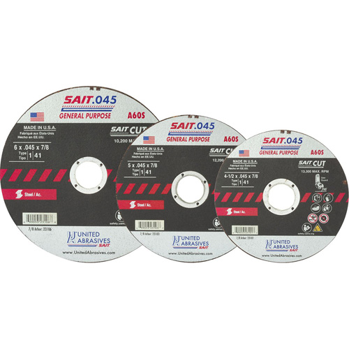 High Speed Cut-Off Wheel, 14" x 0.045", 1/4" Arbor, Type 1, Aluminum Oxide, 19000 RPM Distribution Jean Lapalme