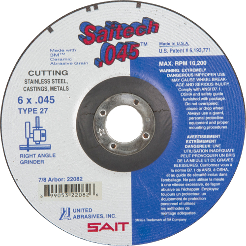 Cut-Off Wheel, 6" x 0.045", 7/8" Arbor, Type 27, Aluminum Oxide/Ceramic, 10200 RPM Distribution Jean Lapalme