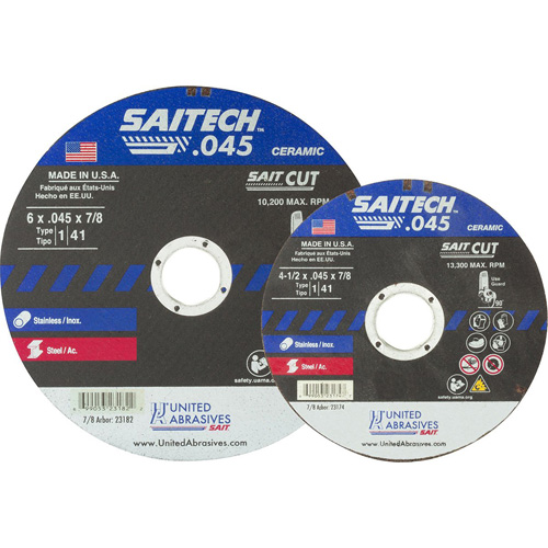 Cut-Off Wheel, 14-1/2" x 0.045", 5/8" Arbor, Type 1, Aluminum Oxide/Ceramic, 13300 RPM Distribution Jean Lapalme