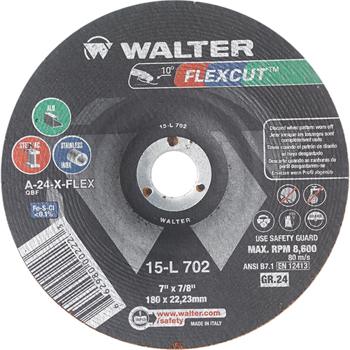 Flexcut Depressed Centre Grinding Wheels, 7", 24 Grit, Aluminum Oxide, 7/8", 8600 RPM, Type 29 Distribution Jean Lapalme