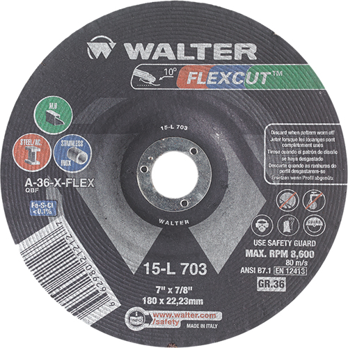 Flexcut Depressed Centre Grinding Wheels, 7", 36 Grit, Aluminum Oxide, 7/8", 8600 RPM, Type 29 Distribution Jean Lapalme