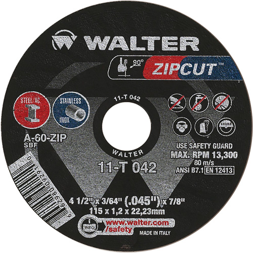 Zipcut Cut-Off Wheel, 4-1/2" x 3/64", 7/8" Arbor, Type 1, Aluminum Oxide, 13300 RPM Distribution Jean Lapalme