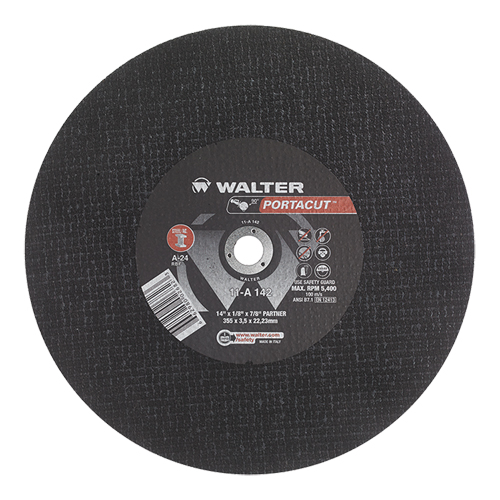 Meule &agrave; tronçonner rapide en acier inoxydable Portacut, 14" x 1/8", Arbre de 7/8", Type 1, Oxyde d'aluminium, 5400 Tr/min Distribution Jean Lapalme