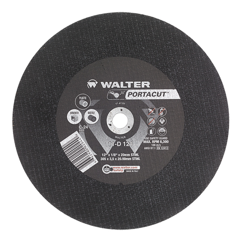 Meule &agrave; tronçonner rapide en acier inoxydable Portacut, 12" x 1/8", Arbre de 1", Type 1, Carbure de silicium, 6300 Tr/min Distribution Jean Lapalme