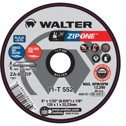Meule &agrave; tronçonner Zip One, 5" x 1/32", Arbre de 7/8", Type 1, Alumine de zirconium, 12 200 Tr/min Distribution Jean Lapalme
