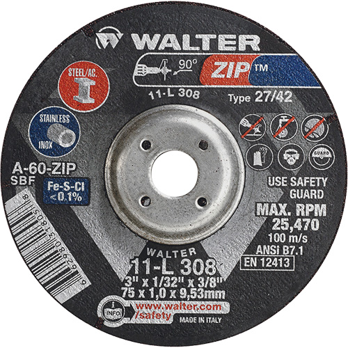 Disque de meulage et de tronçonnage Zip, 3" x 1/13", Arbre de 3/8", Type 27, Grain de 60, Oxyde d'aluminium Distribution Jean Lapalme