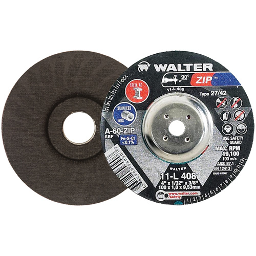 Disque de meulage et de tronçonnage Zip, 4" x 1/32", Arbre de 3/8", Type 27, Grain de 60, Oxyde d'aluminium Distribution Jean Lapalme