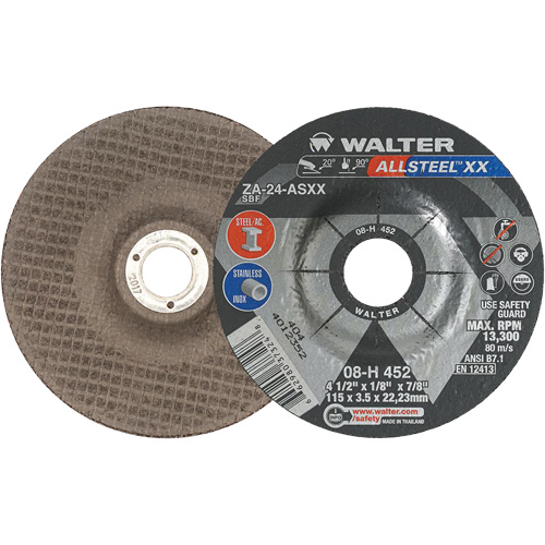 Depressed Centre Grinding Wheels - ALLSTEEL XX, 4-1/2" x 1/8", 7/8" Arbor, Type 27, Zirconia Alumina, 13300 RPM Distribution Jean Lapalme