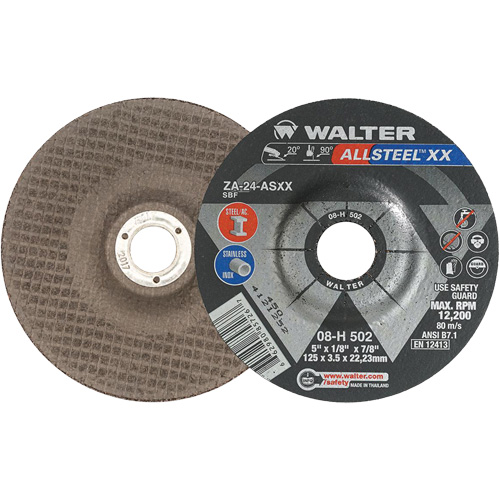 Depressed Centre Grinding Wheels - ALLSTEEL XX, 5" x 1/8", 7/8" Arbor, Type 27, Zirconia Alumina, 12200 RPM Distribution Jean Lapalme