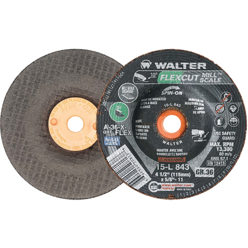 Meule FLEXCUT MILL SCALE, 4-1/2", 36 Grain, Oxyde d'aluminium, 5/8"-11, 13 300 Tr/min, Type 29 Distribution Jean Lapalme