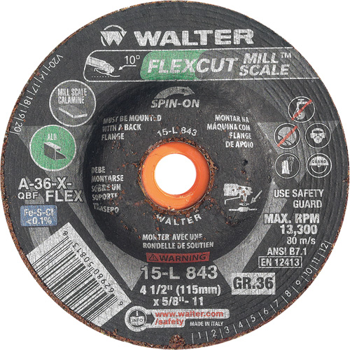 Meule FLEXCUT MILL SCALE, 4-1/2", 36 Grain, Oxyde d'aluminium, 5/8"-11, 13 300 Tr/min, Type 29 Distribution Jean Lapalme