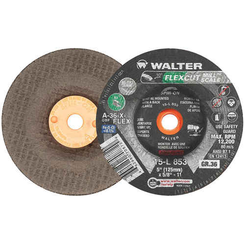FLEXCUT MILL SCALE Grinding Wheel, 5", 36 Grit, Aluminum Oxide, 5/8"-11, 12200 RPM, Type 29 Distribution Jean Lapalme